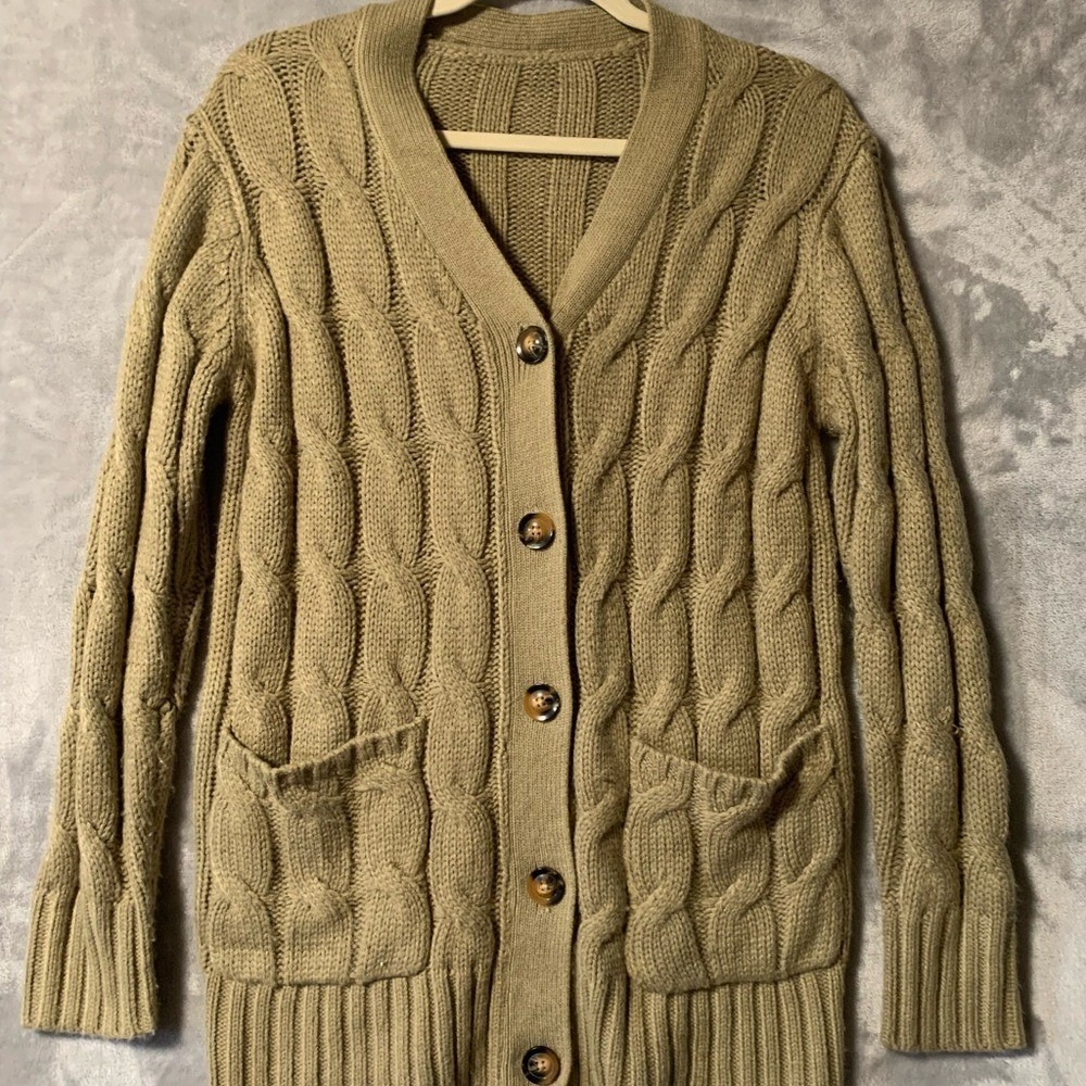 Vintage Cardigan‎ Sweater Medium Green Cable Knit V-Neck Chunky Soft Grandpacore